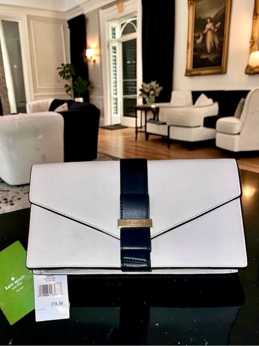 New! Kate Spade Josephine Parchment Drive Black & White Leather Clutch NWT